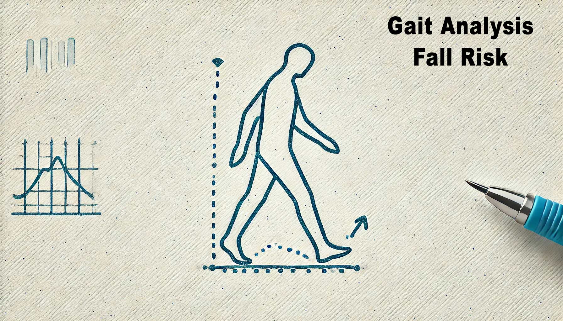 Diagram illustrating gait analysis innovations related to fall risk assessment, featuring a person walking, graphs, and text reading "Gait Analysis Fall Risk." A pen is positioned at the bottom right corner.