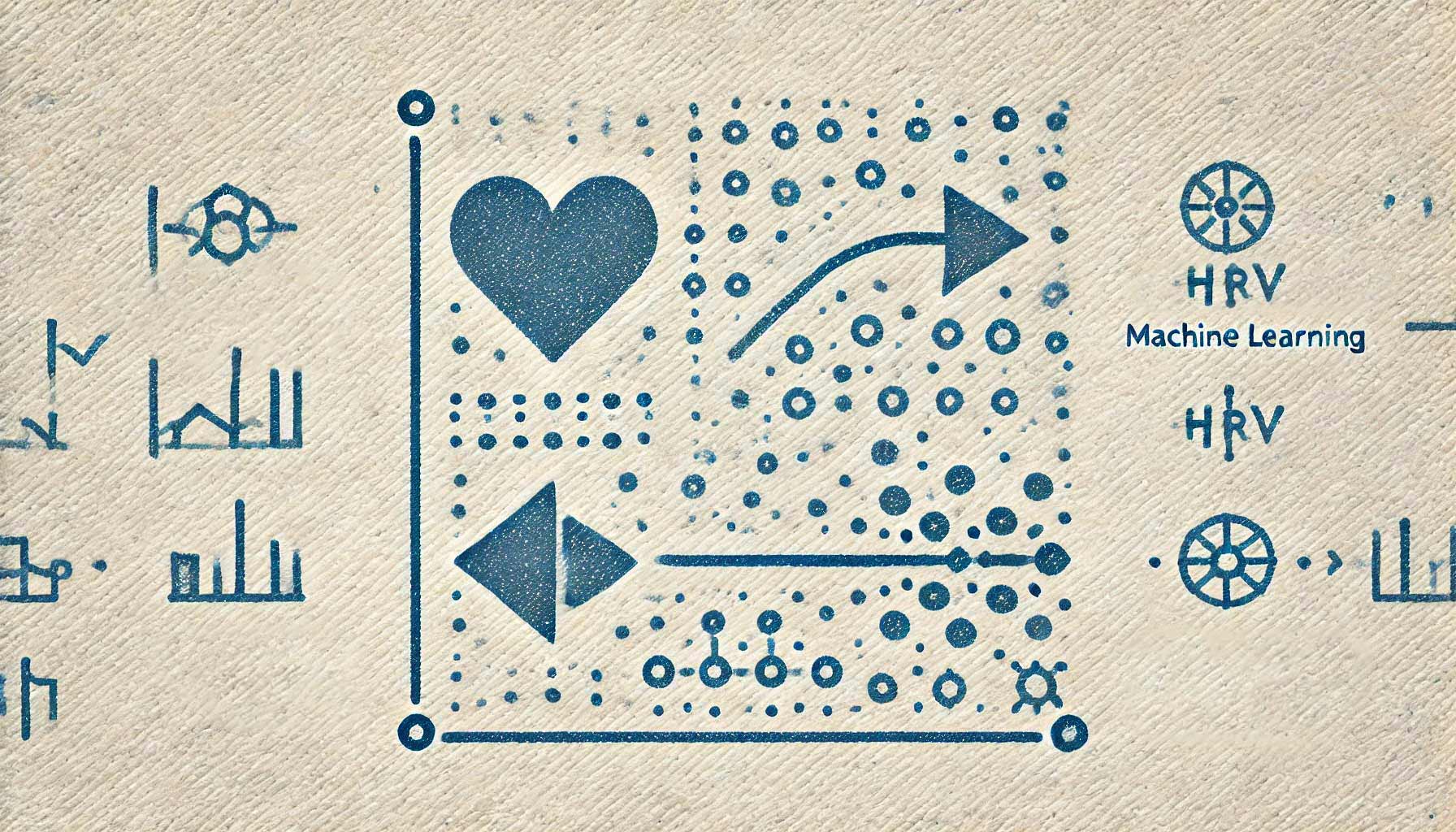 An abstract illustration featuring heart rate variability, data patterns, and arrows indicating machine learning processes. The background has a textured, beige appearance, making it an ideal researcher's guide to advanced algorithms in HRV analysis.