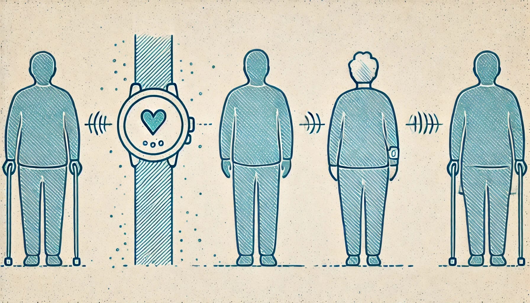 A stylized illustration shows four standing figures of varying ages and body types, each wearing a smartwatch with a heart symbol. The wearable sensors on the watches send signals, represented by curved lines, to the figures, powered by artificial intelligence for enhanced health tracking and prevention of falls.