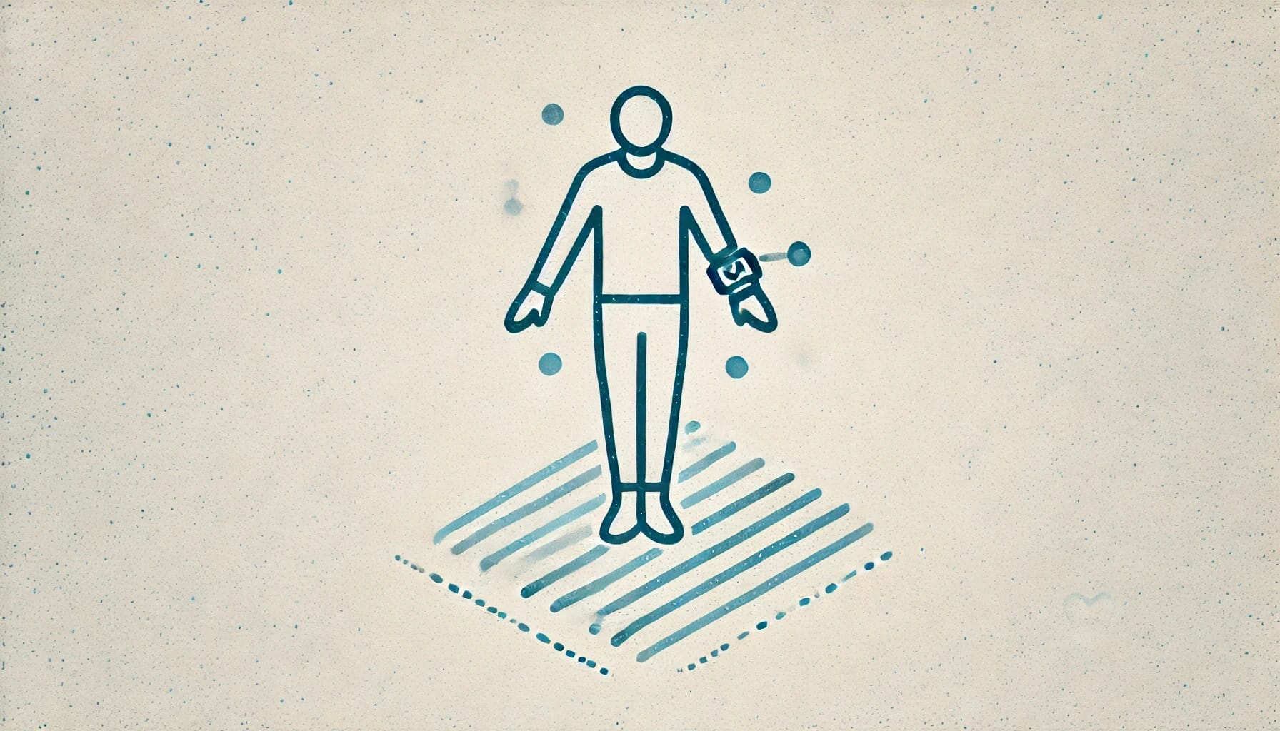 Illustration of a faceless person standing with one arm extended and dots surrounding the arm, indicating motion or interaction. The figure stands on a grid-like patterned surface, symbolizing wearable technology enhancing strategies in fall prevention.