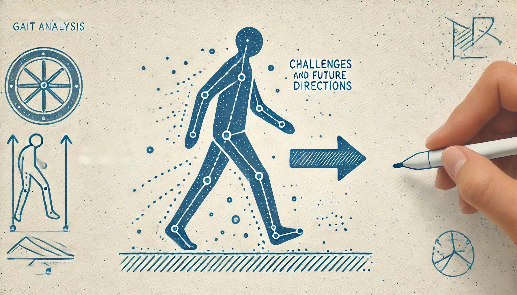 Illustration of a person analyzing gait with various diagrams and a hand drawing an arrow labeled "Challenges and Future Directions." Diagrams include a wheel, walking stick figure, and geometric shapes, highlighting innovations in gait analysis and fall risk assessment.