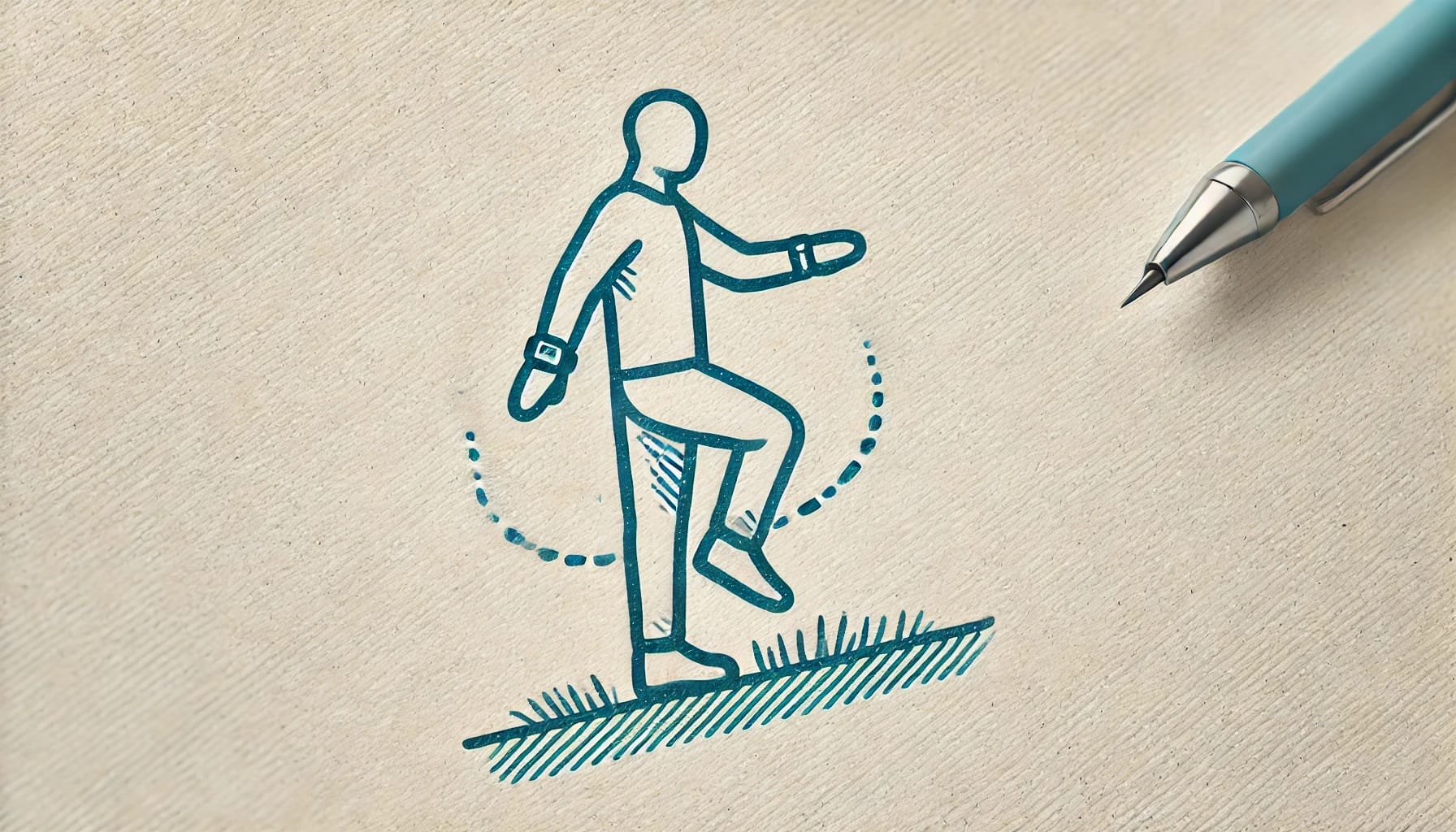 Illustration of a person wearing fitness trackers and performing a leg exercise, drawn on textured paper next to a pen, showcasing wearable technology aimed at enhancing strategies for fall prevention.