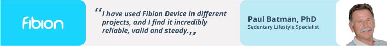 Testimonial from Paul Batman, PhD, Sedentary Lifestyle Specialist, about the Fibion Device with accompanying logo, image of Paul Batman, and promotional banners.