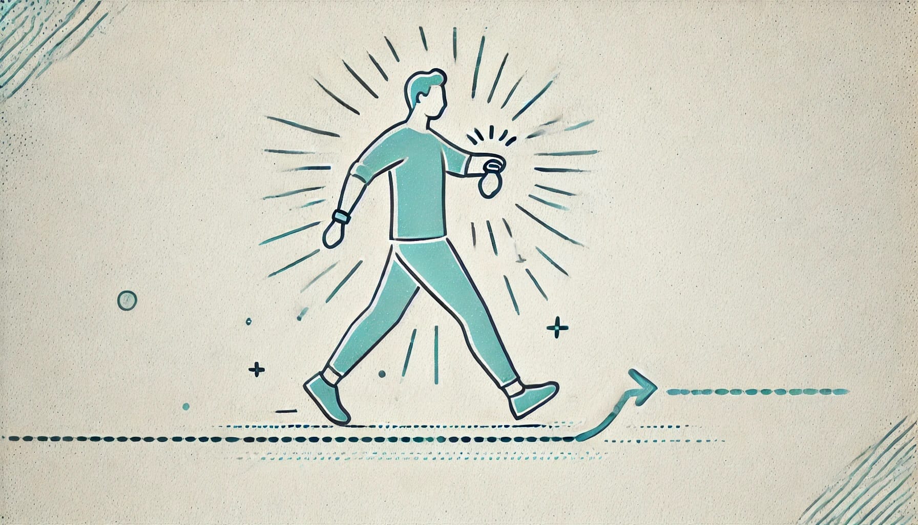 Illustration of a person walking forward with an arrow pointing in the same direction, symbolizing progress and movement, enhanced by wearable technology for improved fall prevention.