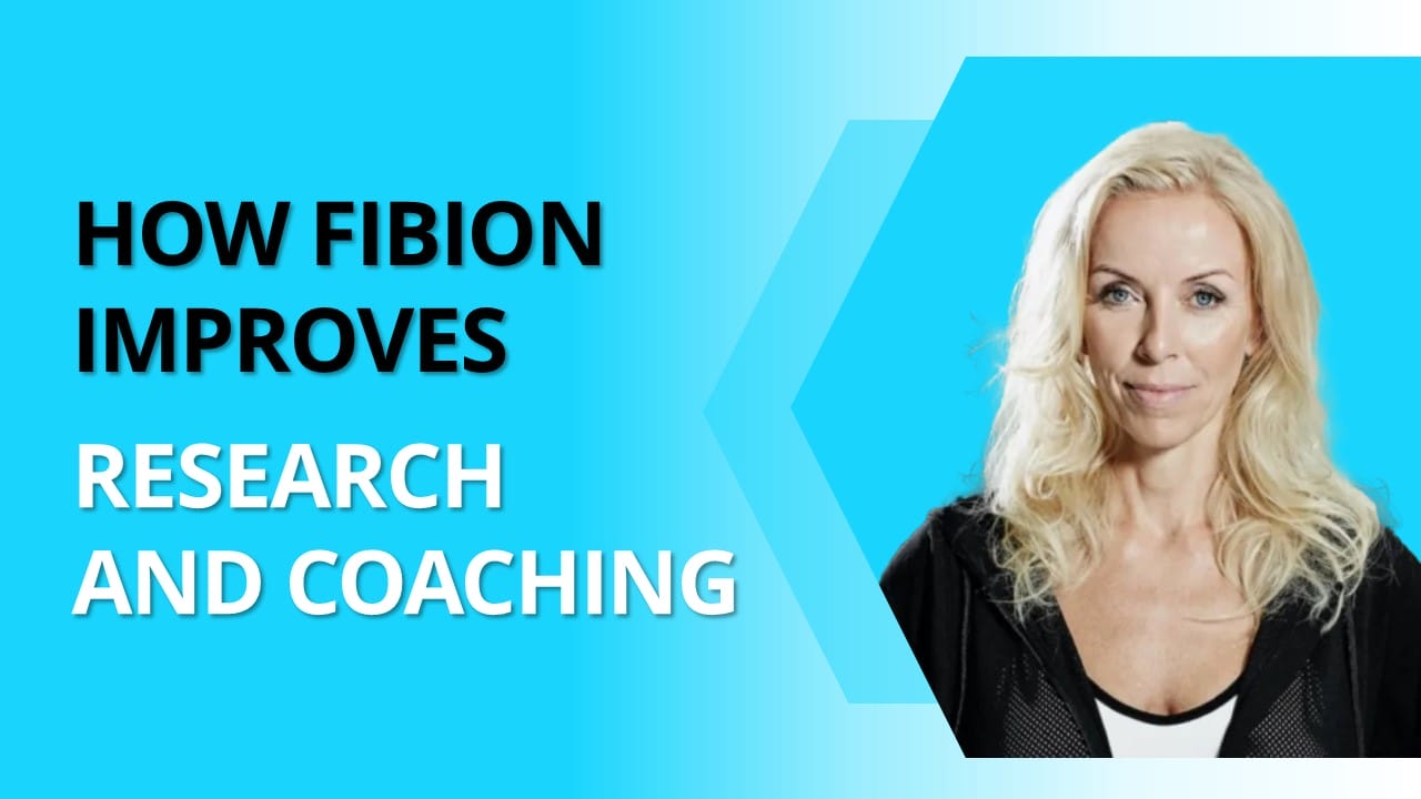 A blonde woman in a black outfit stands beside text reading "How Fibion Improves Research and Coaching" on a blue gradient background, highlighting Lotte Arndal.