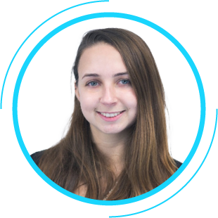 A woman with long, straight hair smiles at the camera, framed by a circular blue graphic element, showcasing the precision and simplicity often highlighted by leading researchers.