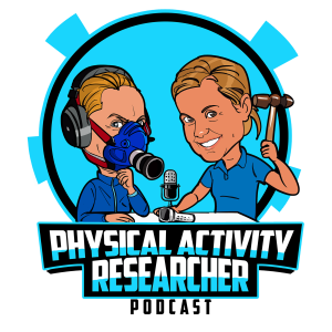 Cartoon illustration of two people with blonde hair in a blue circle, one wearing a breathing mask and headphones, the other holding a sledgehammer. Below, text reads "Physical Activity Researcher - mm1.