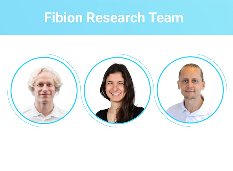 Image of three people under the title "Fibion Research Team," each within a blue circle on a white background, showcasing key elements of collaboration and innovation.