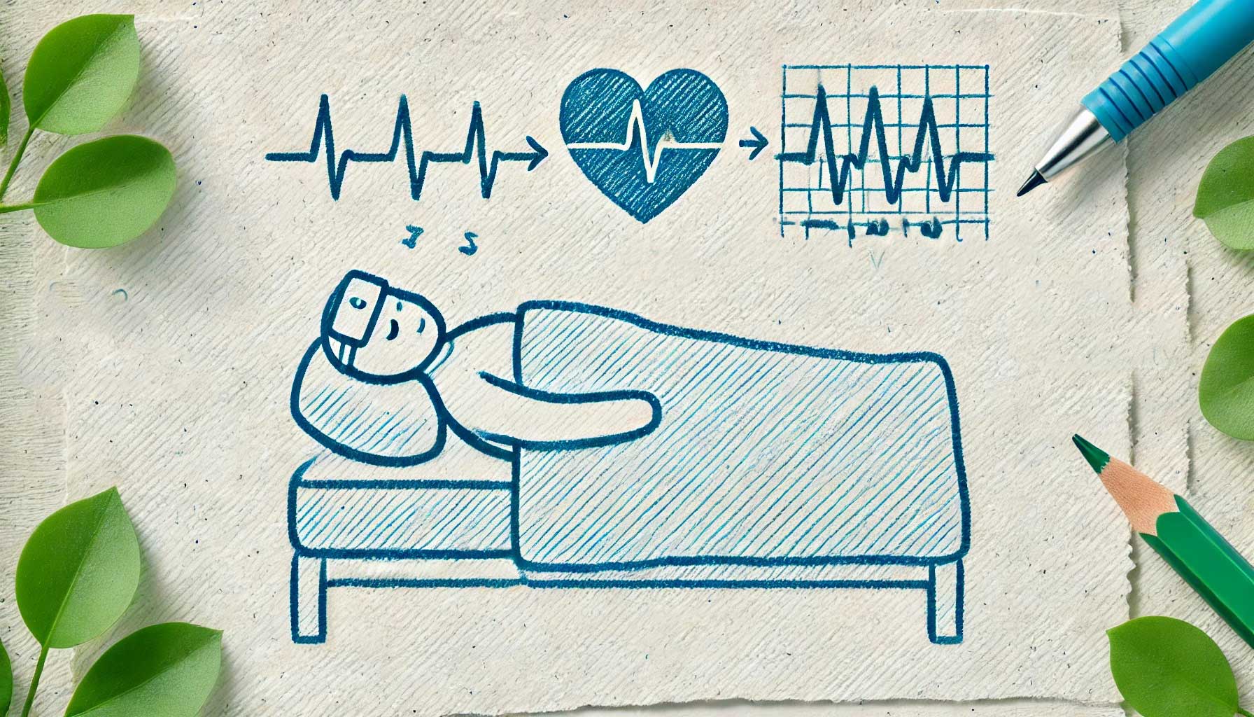 Illustration of a person sleeping in bed, with a heart rate monitor and ECG graph above, surrounded by leaves, a pen, and a pencil, showcasing the importance of sleep tracking for enhanced well-being.