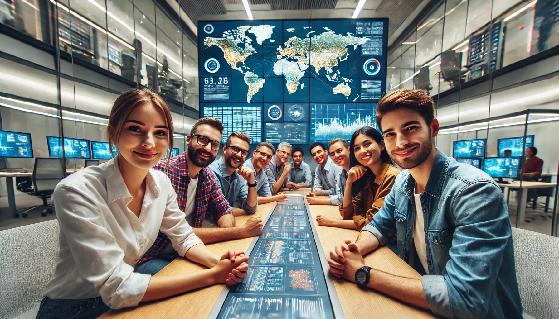 A group of people sitting at a long table with digital screens and wearable devices, with a large digital world map on a wall in the background.