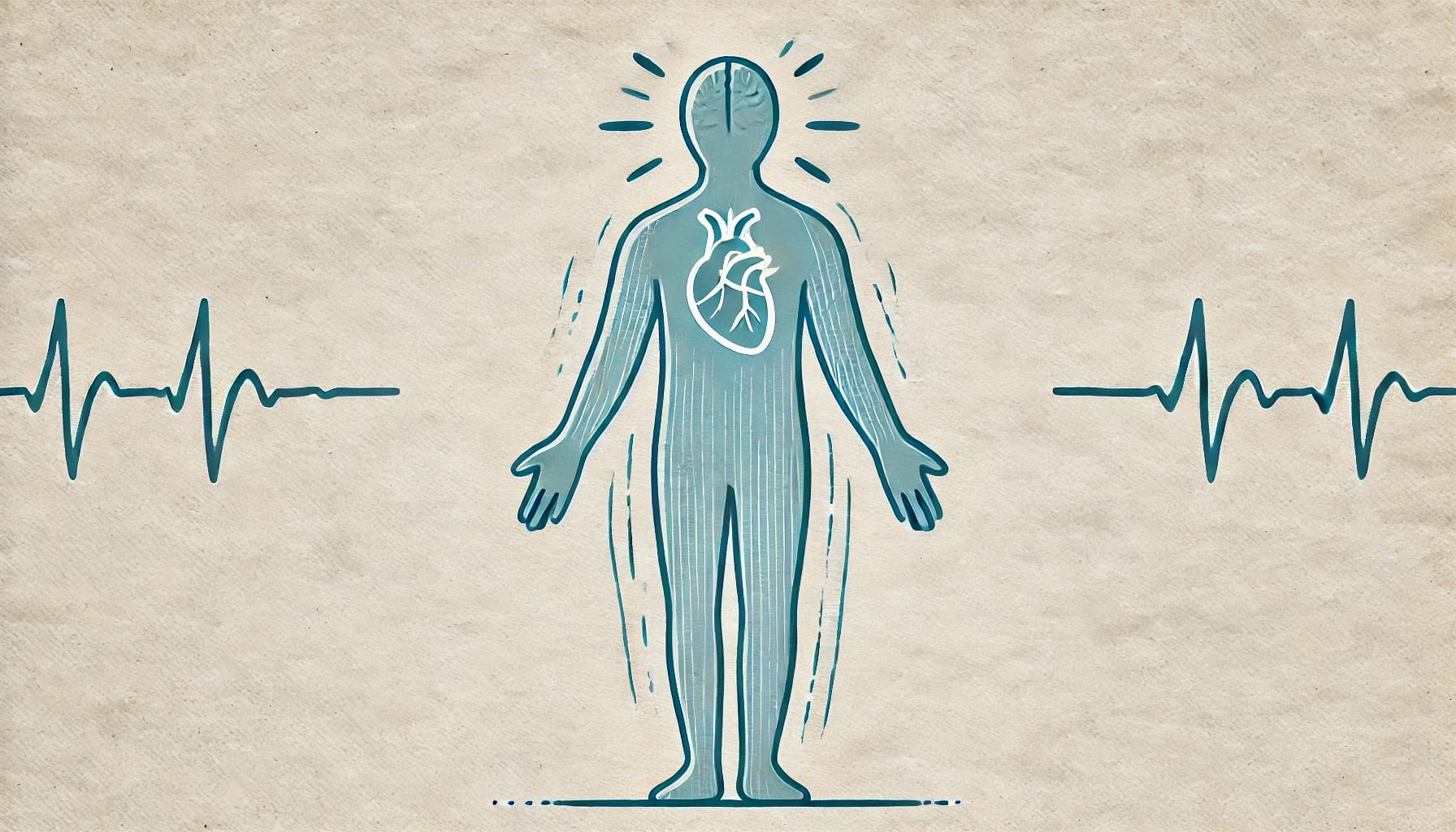 Illustration of a human figure with a heart outlined on the chest, surrounded by rhythmic lines resembling a heartbeat pattern, symbolizing PTSD management through HRV biofeedback techniques.