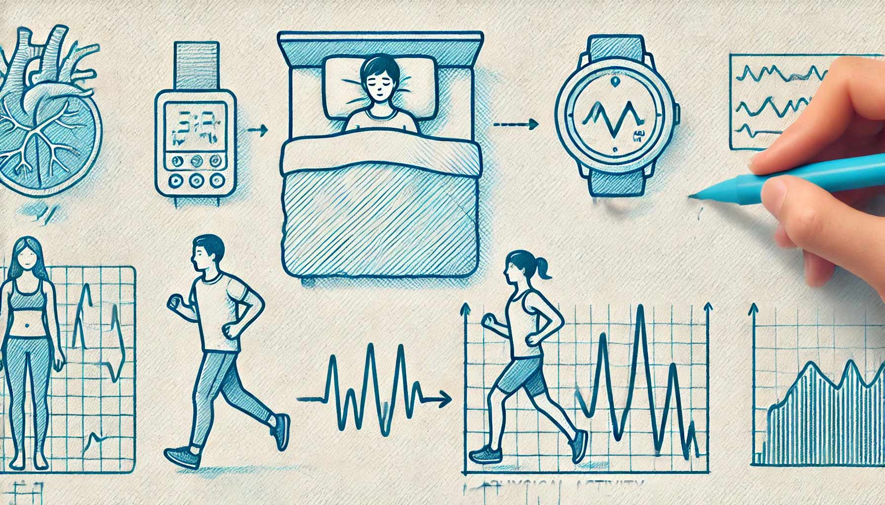 A diagram illustrates a person sleeping before waking to check their heart rate through Sleep Monitoring on a smartwatch. Below, two individuals jog while Physical Activity Monitoring tracks their fitness data with heart rate graphs.