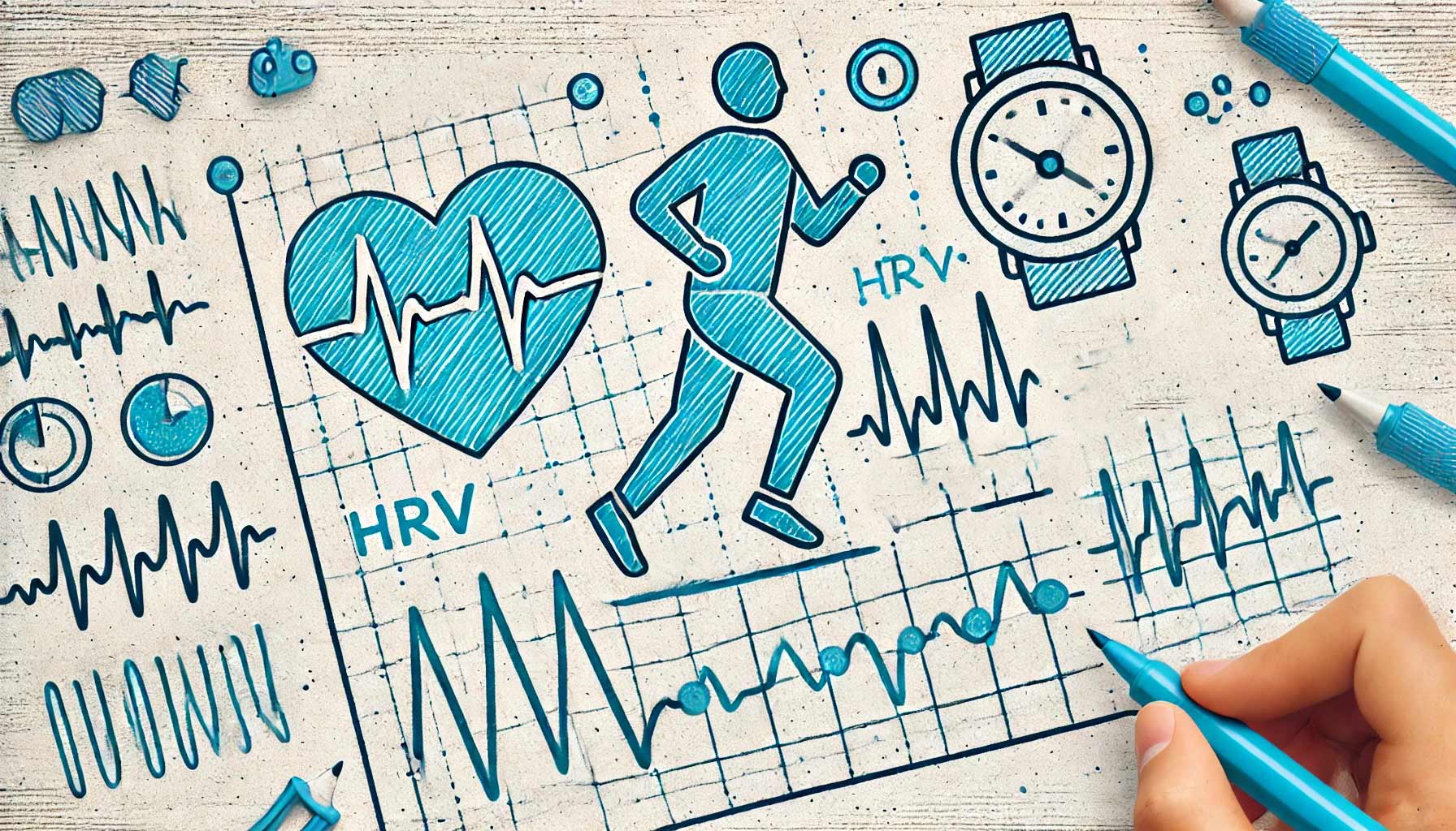 Illustration of a person running, intertwined with sketches of a heart, HRV graphs, and clocks, symbolizing health and heart rate variability. This artwork emphasizes the importance of physical activity in contrast to sedentary behavior for maintaining optimal well-being.