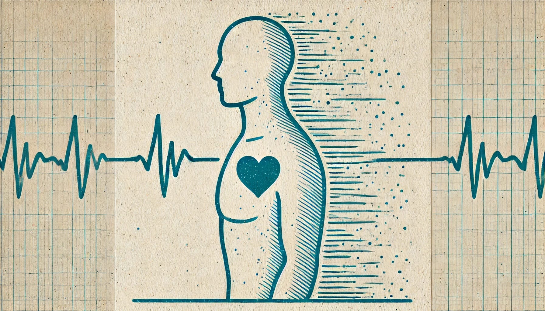 Illustration of a human figure with a heart depicted on the chest, set against a background of an electrocardiogram line pattern, symbolizing HRV Biofeedback for PTSD management.