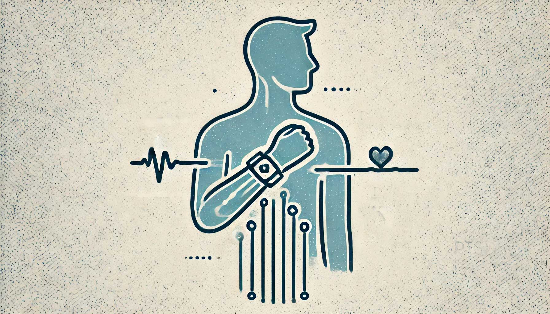 An illustrated human silhouette features a smart wristband, surrounded by a pulse line and heart symbol, with circuit lines hinting at advanced health monitoring technology. This device seamlessly integrates sleep and physical activity monitoring for comprehensive wellness insights.