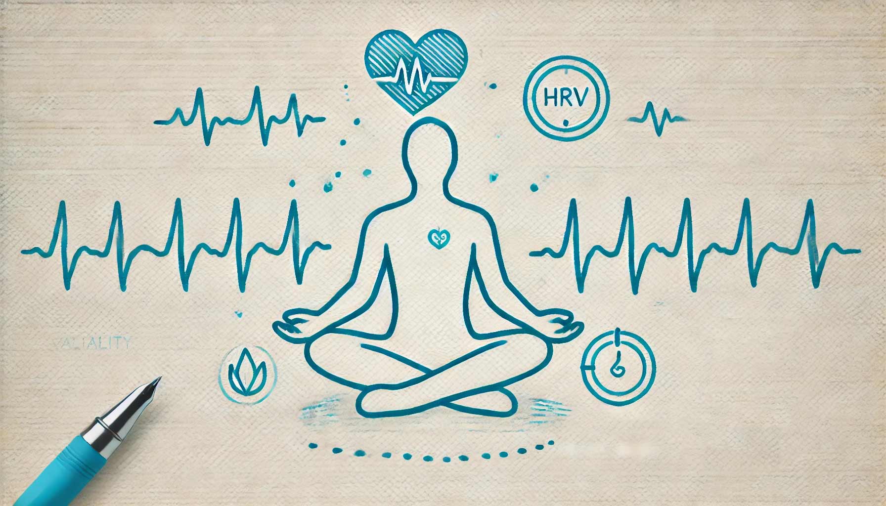 An illustration depicts a person meditating, surrounded by heart rate symbols, heartbeat lines, and an HRV biofeedback icon. A pen at the bottom left suggests the integration of mindful journaling for enhanced PTSD management.