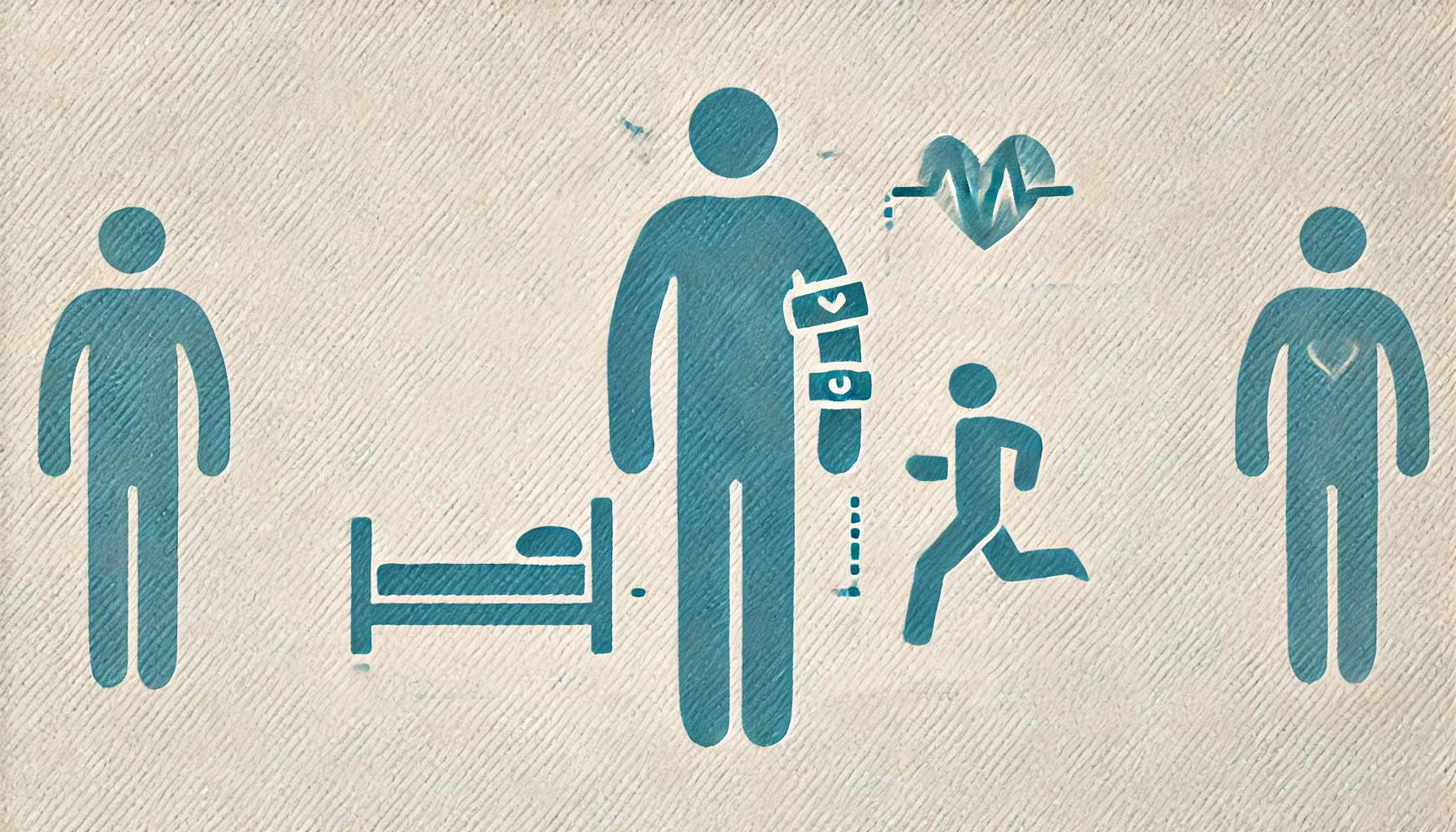 An illustration of a person with health symbols: a hospital bed, blood pressure cuff, heart monitor, and a running figure showcases various health aspects. This artwork highlights the importance of physical activity monitoring alongside other vital health activities.