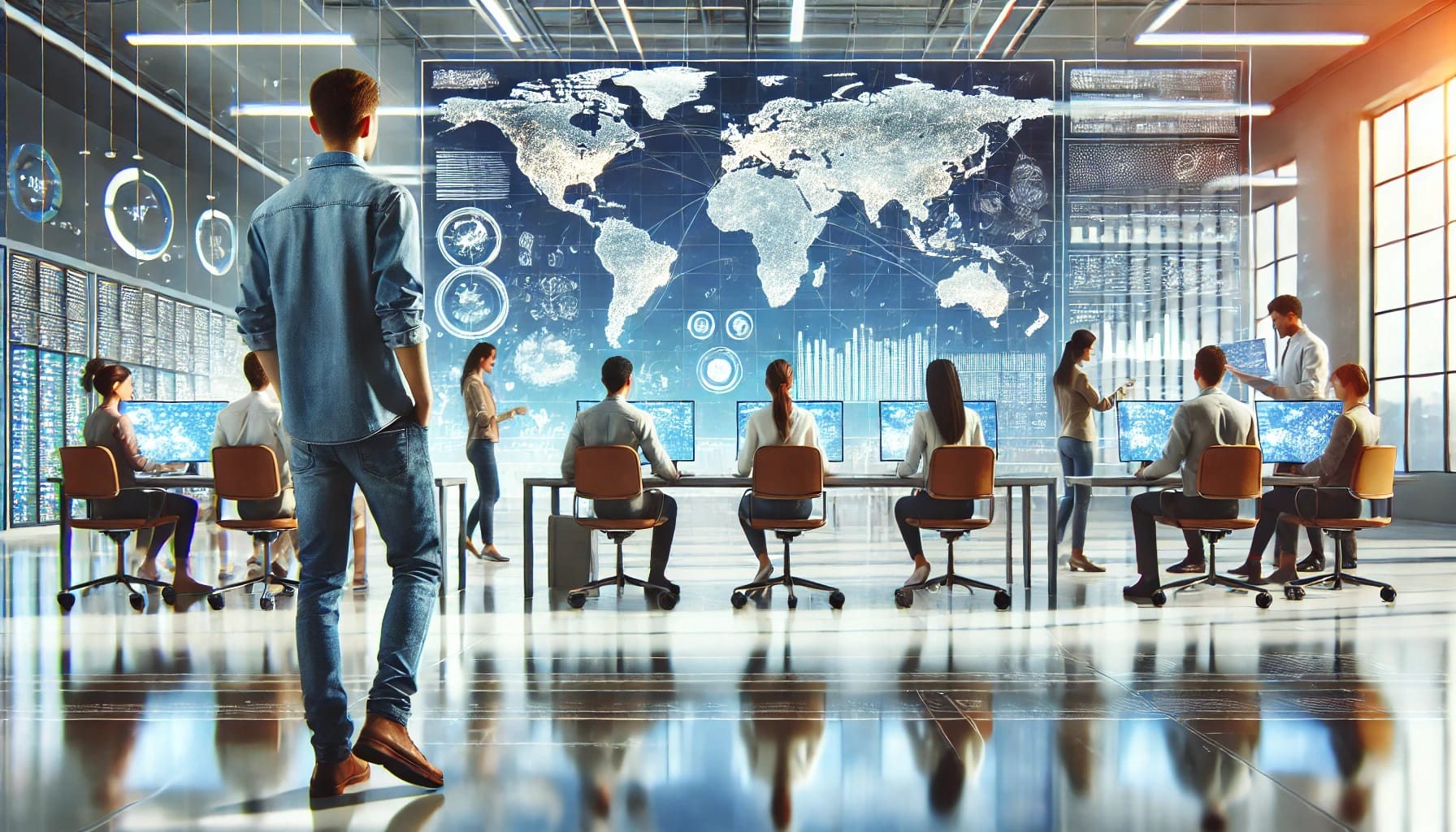 A man observes a team engaged in API integration projects with computers in a modern office. A large world map and various digital displays are on the walls, providing insights into global connectivity and real-time data analysis.