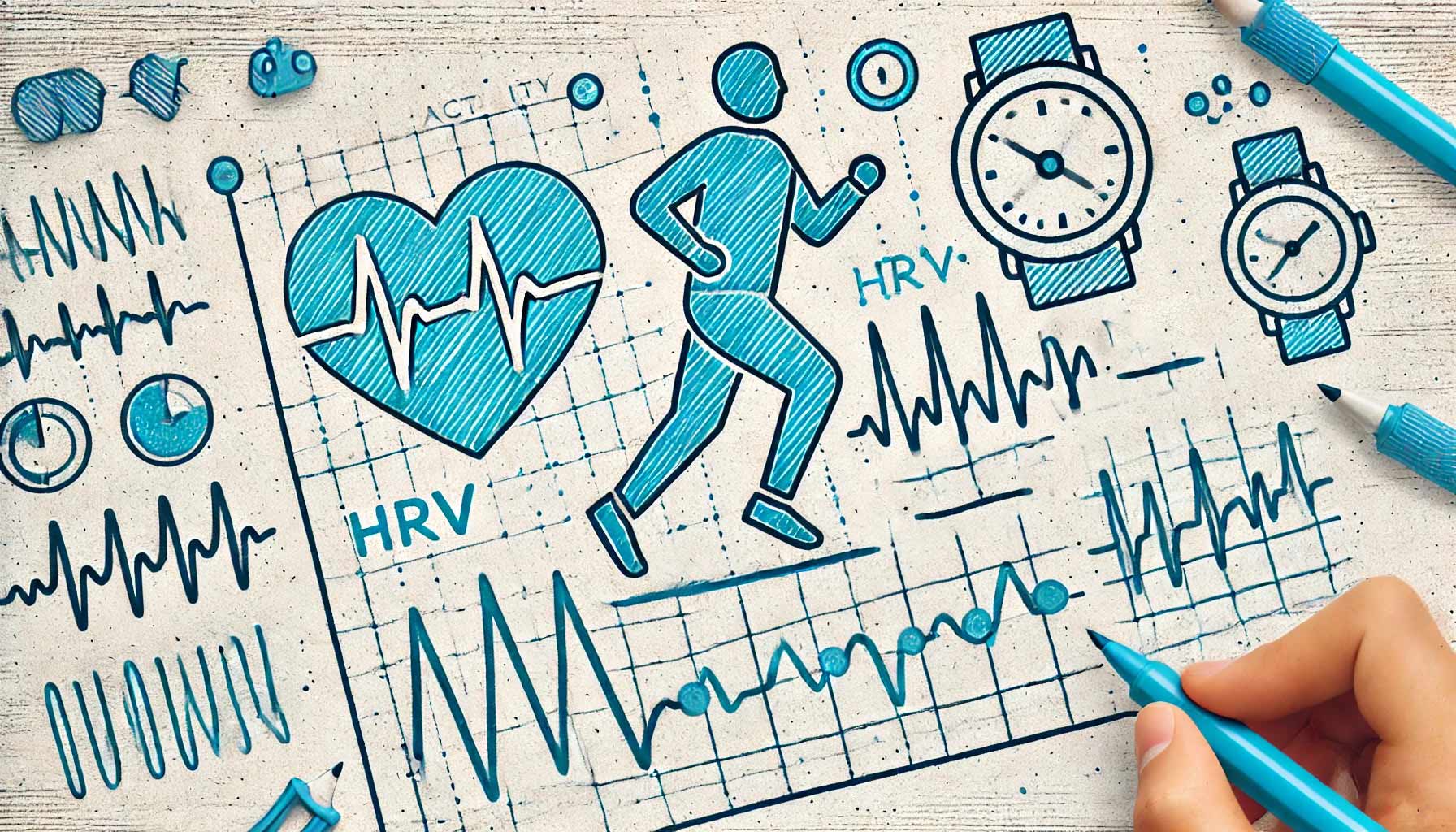 Illustration of a hand drawing fitness symbols, including a runner, heartbeat, HRV biofeedback graphs, and watches for physical activity monitoring, all in blue ink on paper.