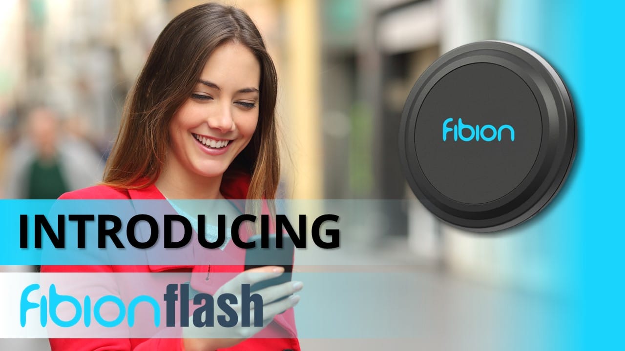 A woman in a red coat looks at her phone, with the text "Introducing Fibion Flash" next to an image of a small circular HRV Tracker.