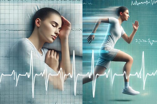 A woman sleeps on the left and runs on the right, her heartbeat waveform linking the scenes to suggest a vital connection between rest and exercise. It's almost like life's test page for balance, where both elements are essential for well-being.