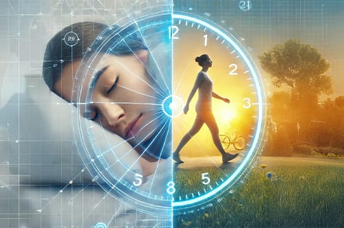 A split image: Asraful sleeping on the left, overlaid with a clock, and the same woman walking outside on the right, embraced by the glow of a sunrise.