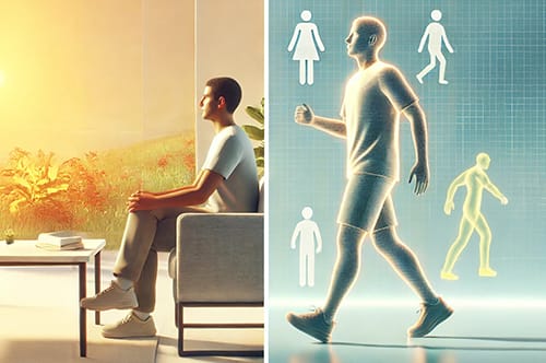 Left: A person sits indoors by a window with sunlight streaming in, reminiscent of Asraful's serene moments. Right: A digital illustration of a person walking, featuring icons of walking and standing figures in the background, as if preparing for a test page in animation.