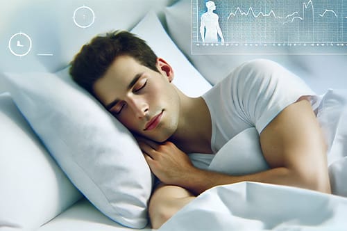 A person sleeps peacefully in bed, wrapped in a cocoon of futuristic digital health monitoring graphics, while Asraful watches over like an invisible guardian.