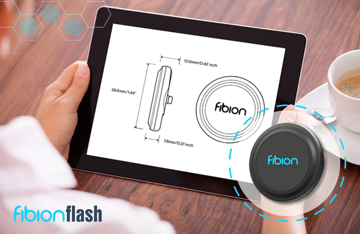 A person sips coffee while examining the technical specifications of a fibion device on a tablet, intrigued by its advanced activity monitoring capabilities and long-term data collection features.