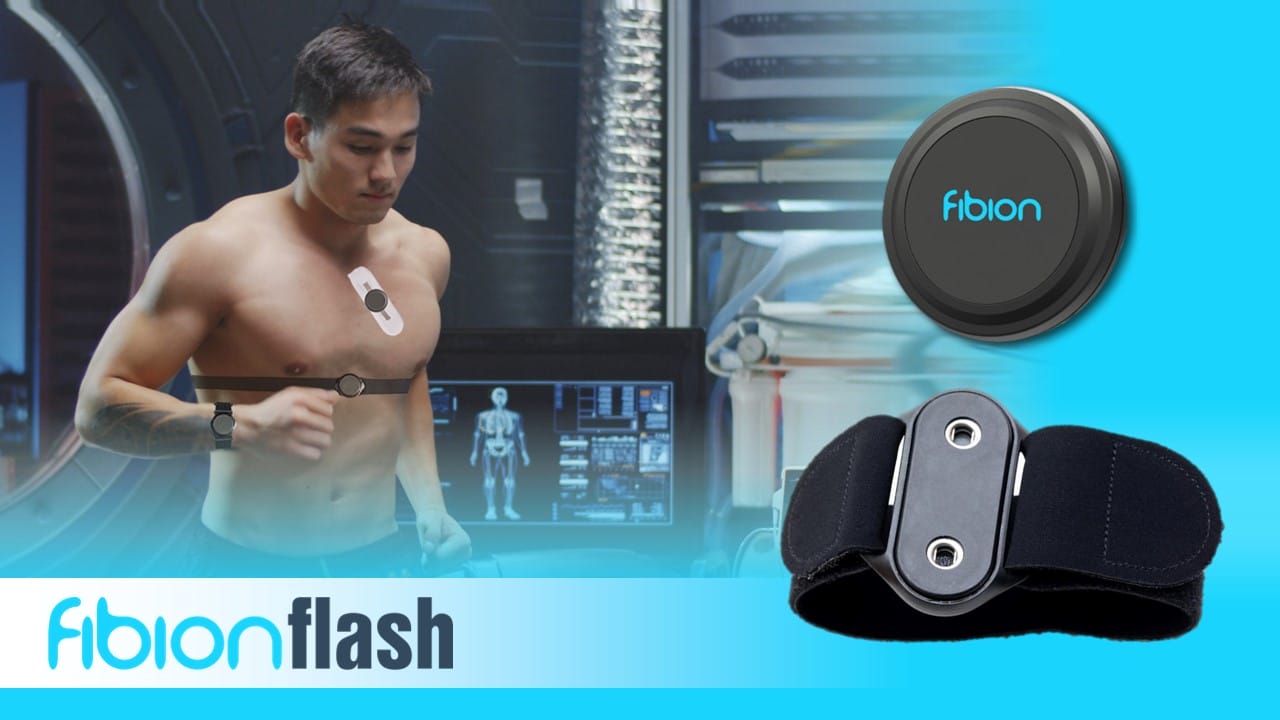 A shirtless man dons a chest strap sensor, the epitome of accuracy, capturing every beat for an HRV tracker. A close-up reveals meticulous details with the "fibionflash" logo prominently overlaid, highlighting its role in cutting-edge research projects.