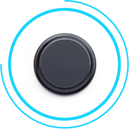 A round, black button labeled "SENS Motion" is centered on a white background with a blue circular border.