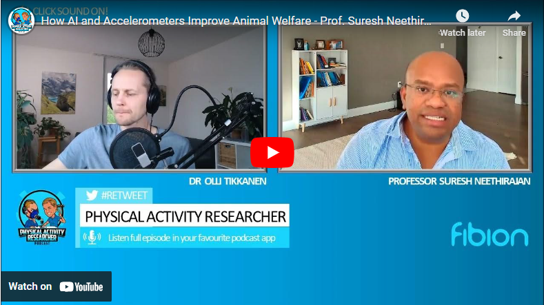 Two men in a split-screen video call. On the left, a person with headphones and a microphone using Fibion SENS technology. On the right, a person in a blue shirt. Text reads "PHYSICAL ACTIVITY RESEARCHER.