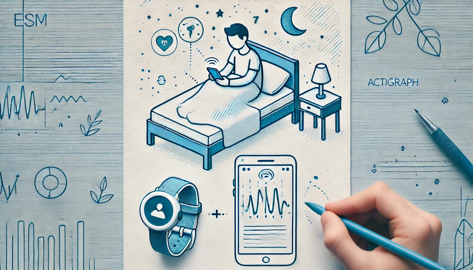 Illustration of a person in bed using a phone, surrounded by graphs and smartwatch data, depicting sleep tracking and digital health monitoring through actigraphy.