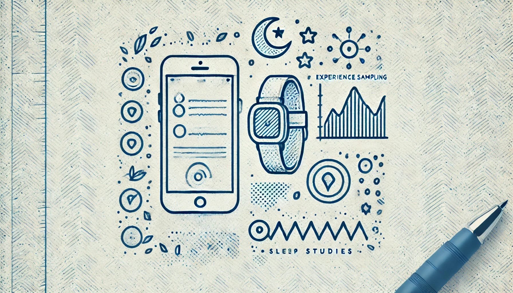 An illustrated diagram showcases a smartphone, smartwatch, and graphs, symbolizing the Experience Sampling Method and sleep research. It features arrows, waves, stars, and a pen in the corner, alluding to actigraphy studies.