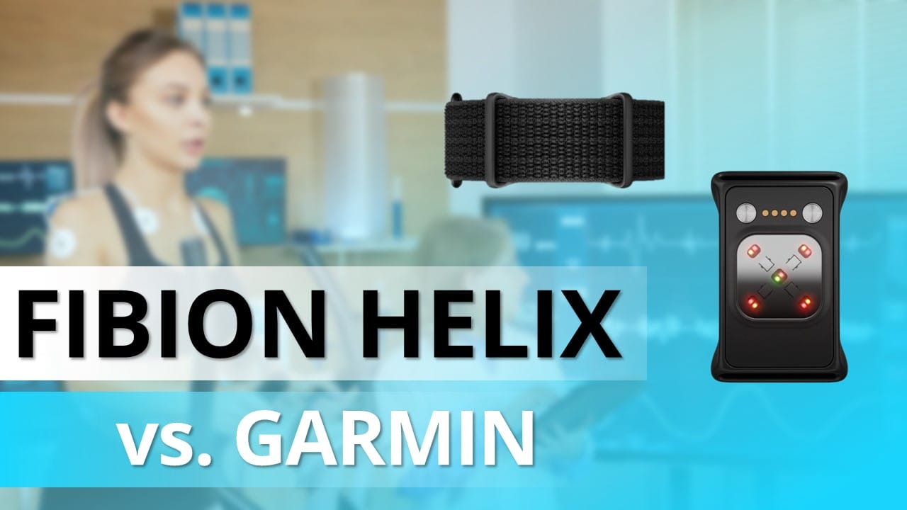 Comparison image of Fibion Helix and Garmin fitness devices with a female in a lab setting engaged in research projects; features a black wrist strap and a small device emitting red and green lights.