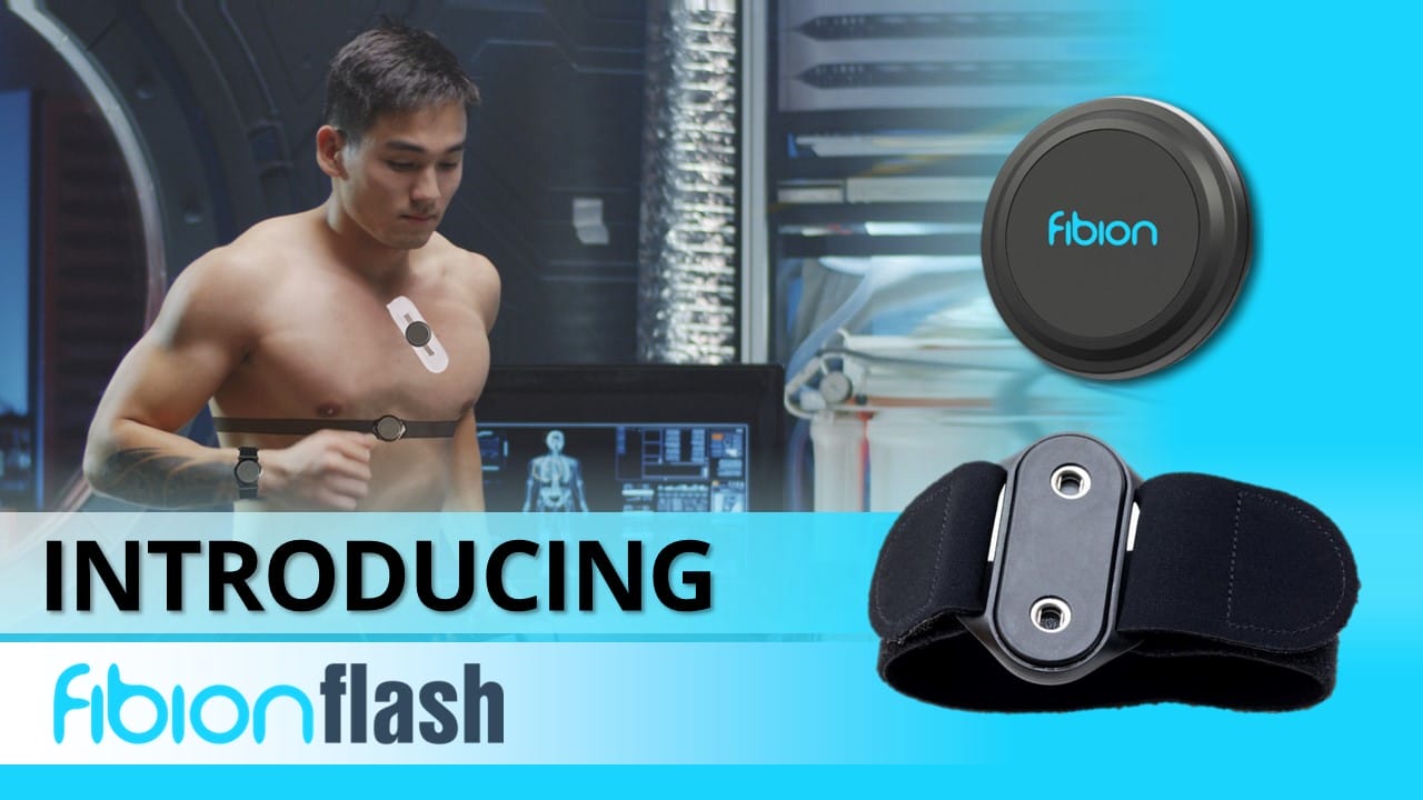 A person wearing a chest band with the best sensor stands in a high-tech room. Text reads "Introducing Fibion Flash." Images of the innovative research sensor and its logo are displayed.