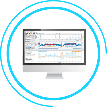 A computer screen displaying data charts and graphs within the SENS Motion software interface, surrounded by a blue circular border.