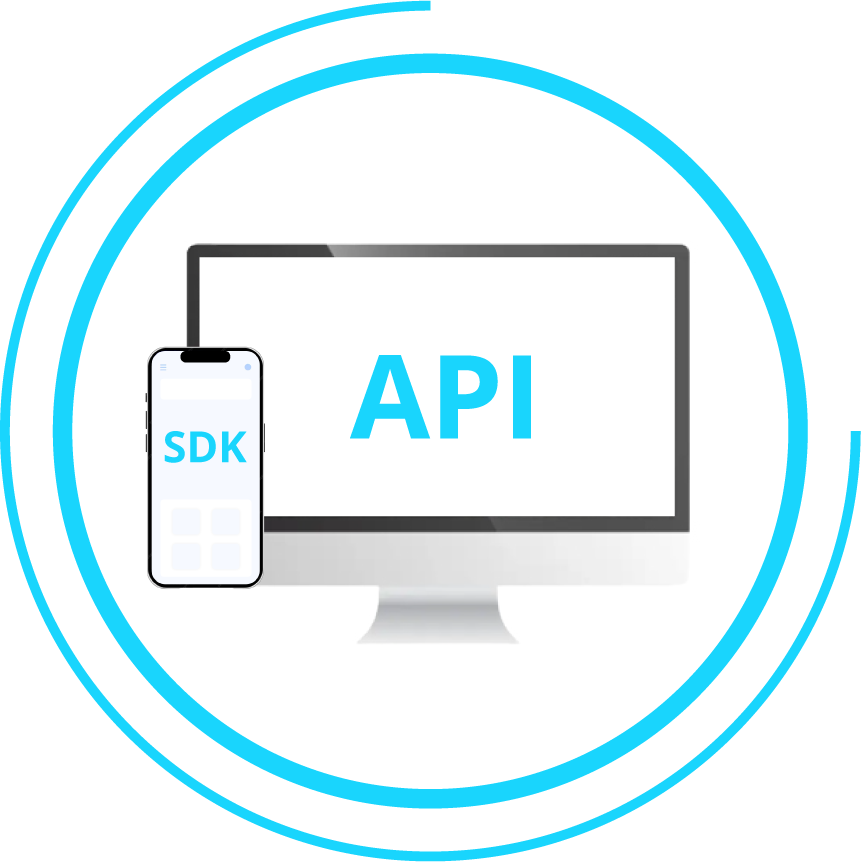 The image showcases a computer screen displaying "API" and a smartphone with "SDK," both encircled by light blue rings, perfectly capturing the essence of SENS Motion's seamless integration between devices.