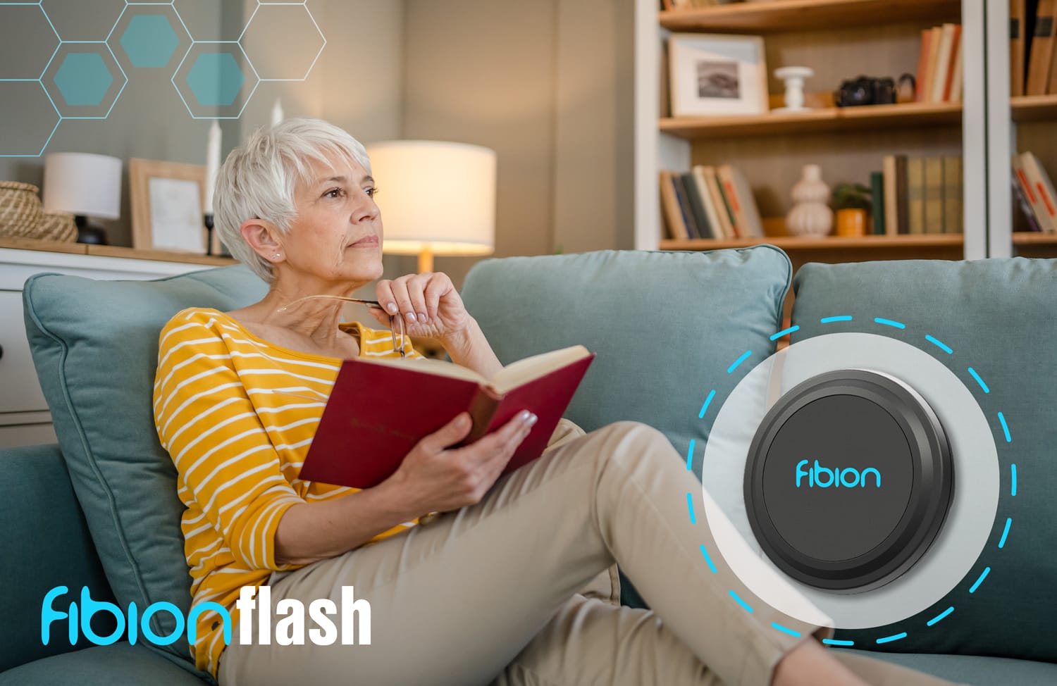 An older woman sits on a couch reading a book, while in the foreground, a circular research sensor labeled "Fibion Flash" subtly captures her attention.