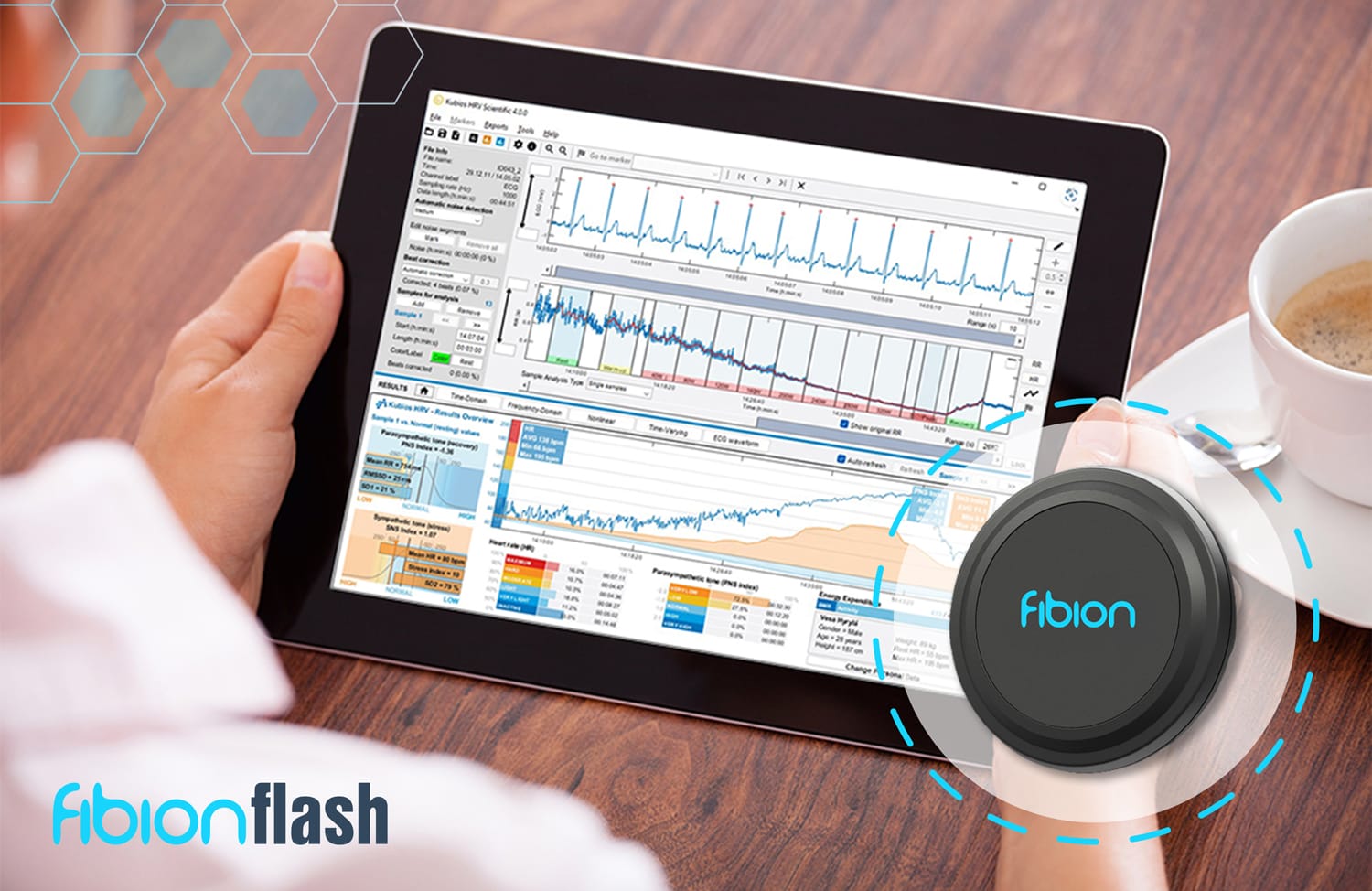 A person is meticulously analyzing data on a tablet, with a cozy coffee cup nearby. The screen displays dynamic graphs and charts powered by Fibion Flash software, turning everyday data into insightful narratives through its innovative research sensor capabilities.