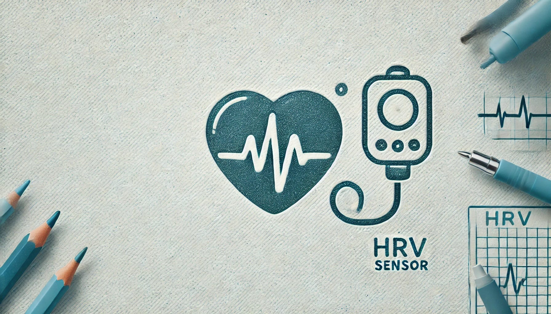 Illustration of a heart with an electrocardiogram line linked to an HRV sensor, enveloped by pencils and a page labeled "Heart Rate Variability." Researchers may find this depiction useful for sensor comparison studies.