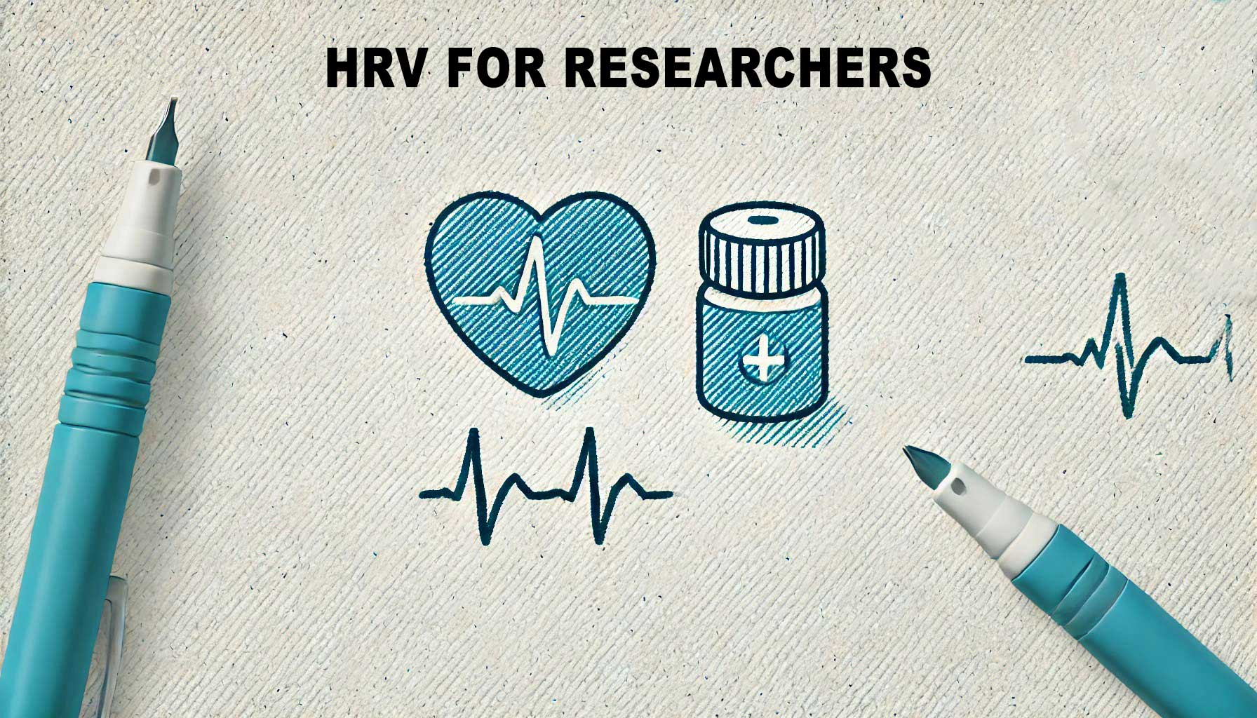 Illustration of heart rate variability (HRV) for researchers, showcasing a heart with an ECG line, a medicine bottle, and pens on canvas, perfect for sensor comparison studies.