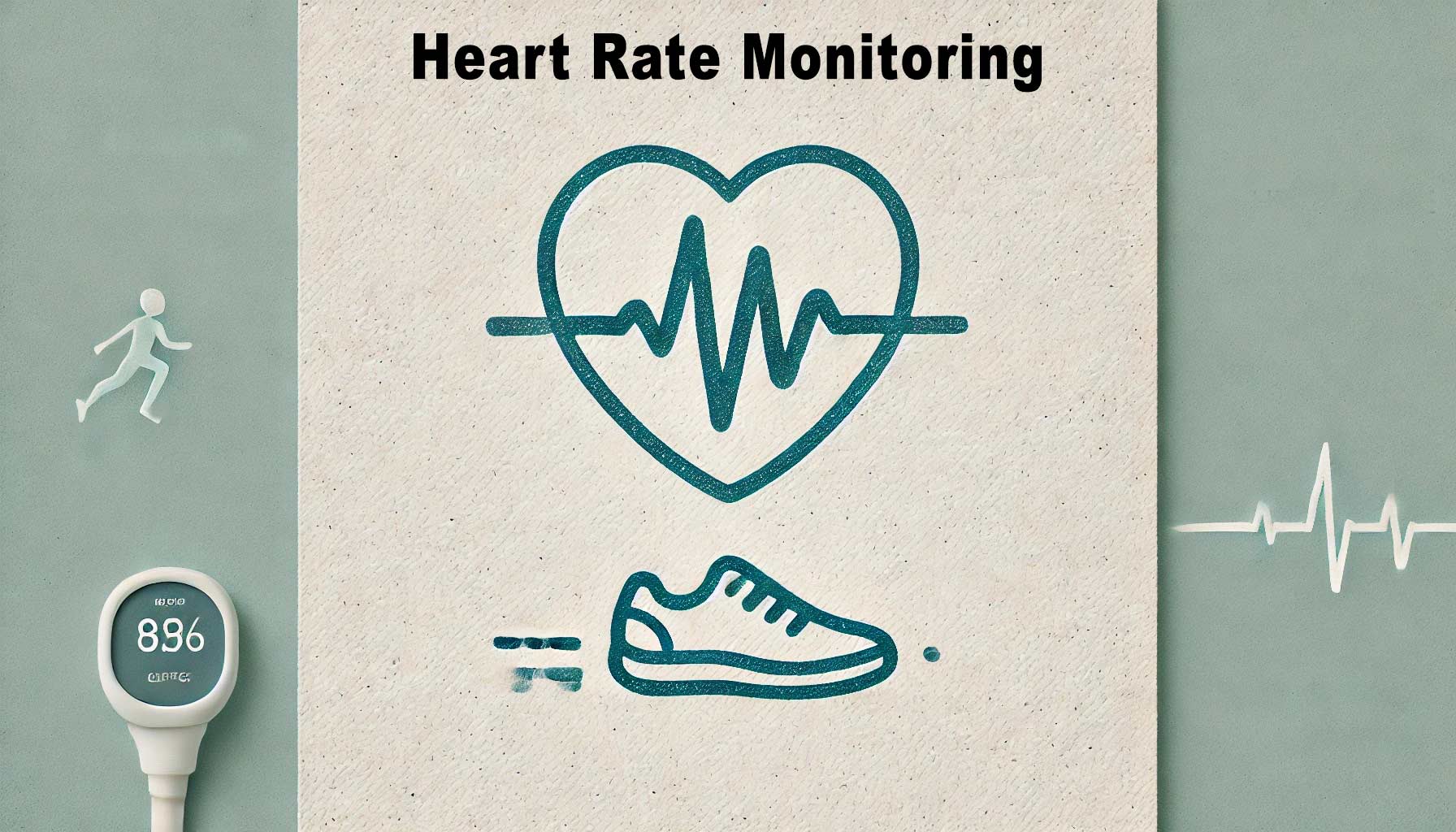 Illustration of heart rate monitoring with a heart and pulse line, a running shoe, and a small display showing 896 BPM and steps, highlighting the essence of exercise in behavioral physical research.