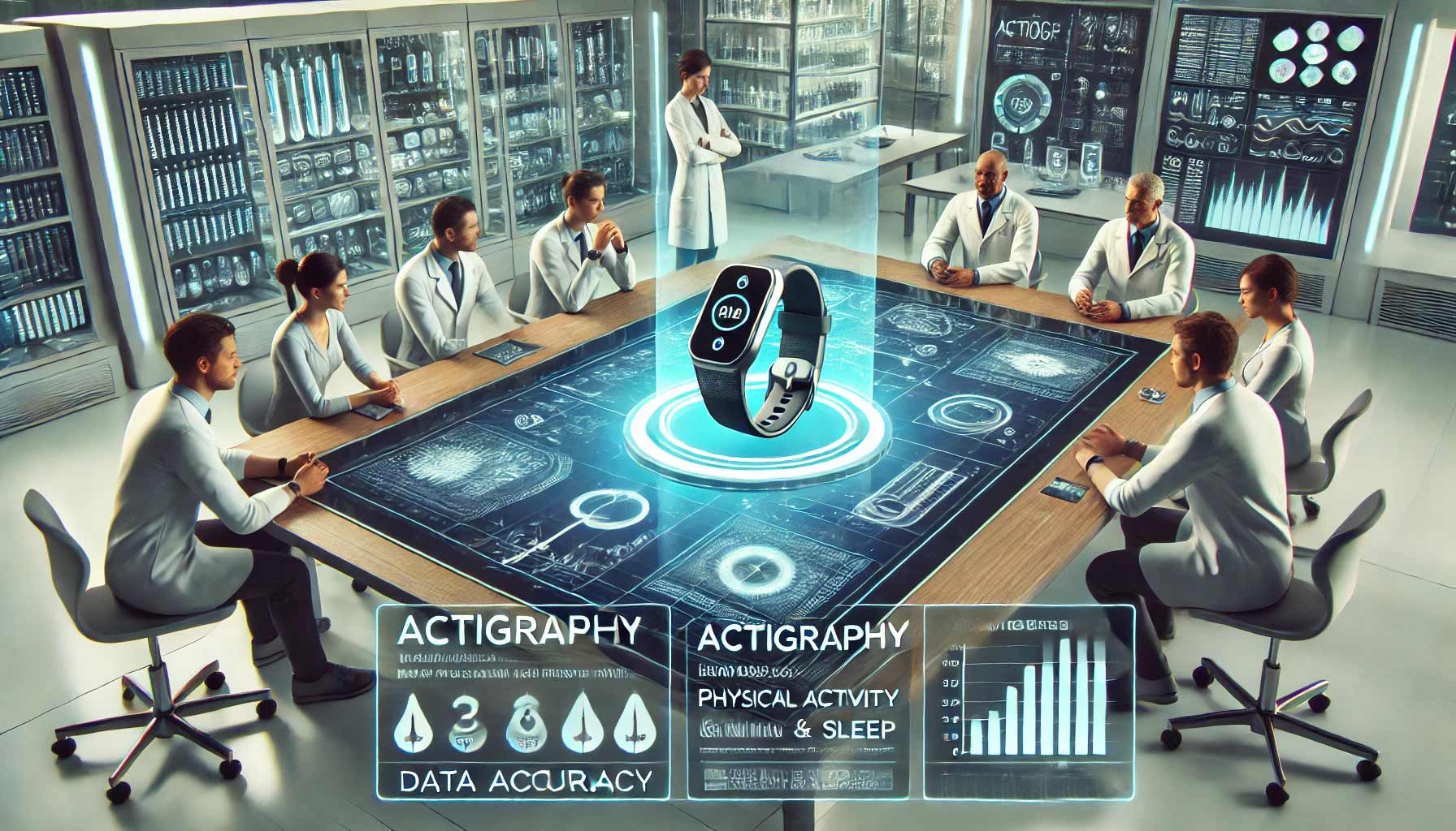 In a futuristic 2025 lab, scientists discuss a holographic smart device. Monitors display data on an Actigraphy Watch, detailing physical activity and sleep patterns. The team also reviews the latest Buyer’s Guide for cutting-edge wearable tech.