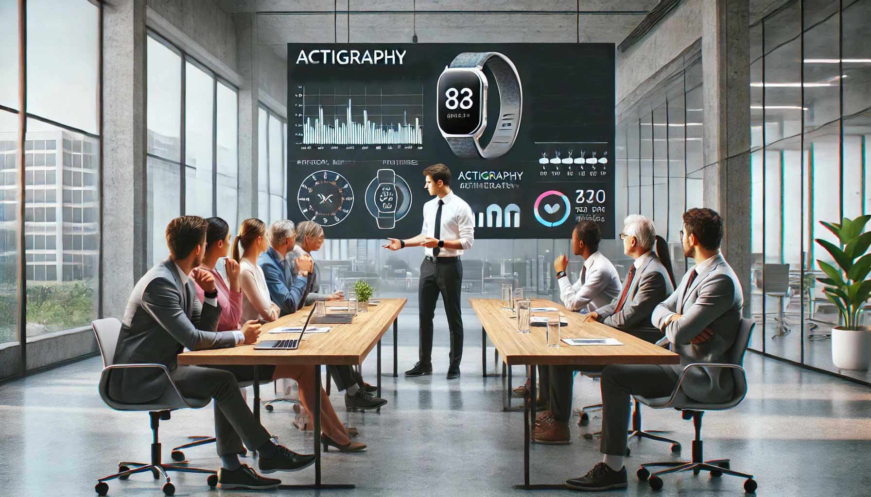 In a modern conference room, a man presents data on affordable actigraphy watches to a group, highlighting their features on the screen.