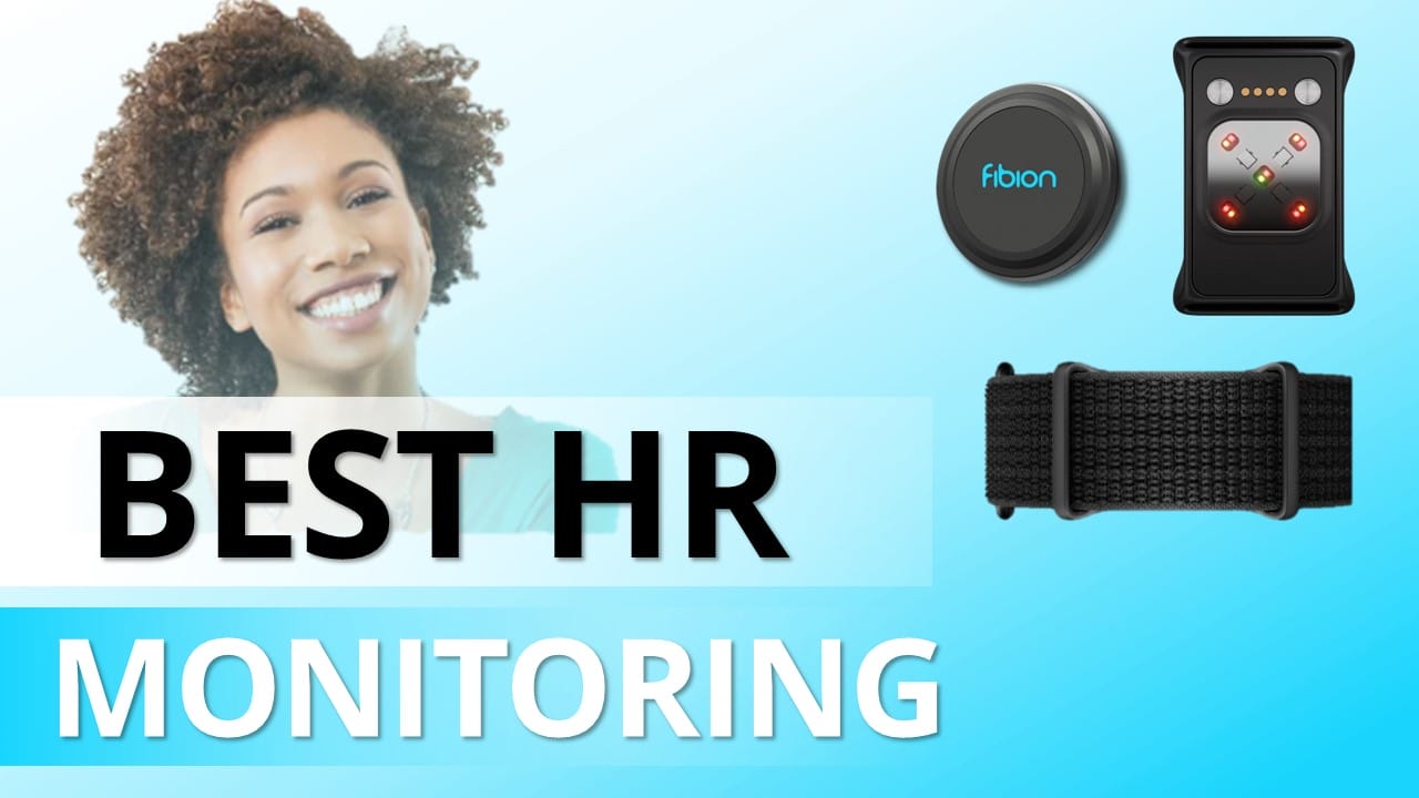 Advertisement featuring a smiling woman and the text "Best HR Monitoring" alongside images of a wearable fitness tracker, sensor device, and wristband on a blue background—perfect for advanced heart rate monitoring.