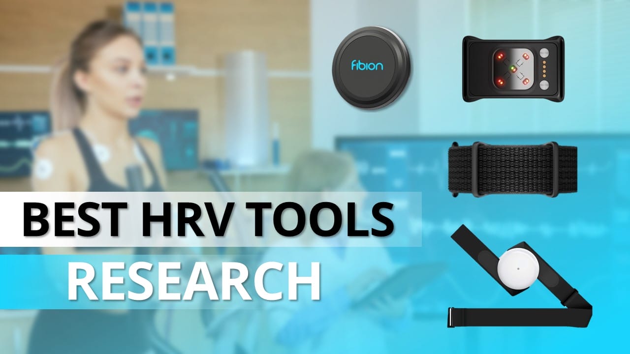 Collage featuring the title "Best HRV Tools Research" with images of heart rate variability gadgets and a blurred person using exercise equipment in the background, providing insights into top research tools.