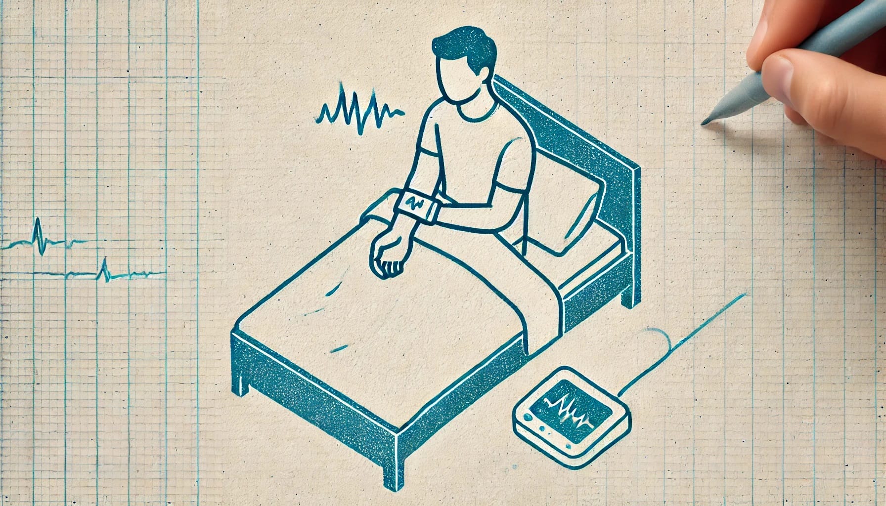 Illustration of a person in bed with a blood pressure monitor on their arm, connected to a device displaying heart rhythms. A hand holds a pen, drawing on graph paper—a nod to HRV research and nighttime autonomic study tools.