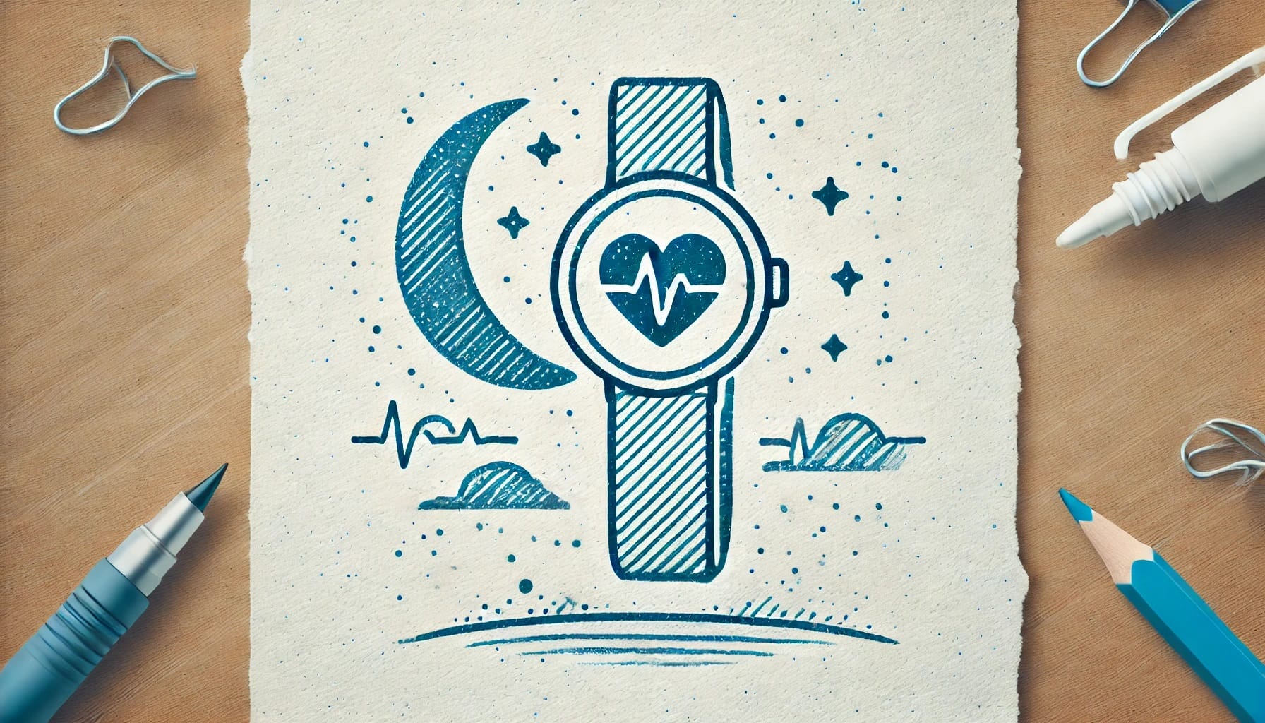 An illustration of a smartwatch displays a heart rate symbol, set against a backdrop of a crescent moon, clouds, and stars—perfectly capturing the essence of Nighttime Autonomic Research. Drawing tools lie nearby, inviting further exploration into HRV research.