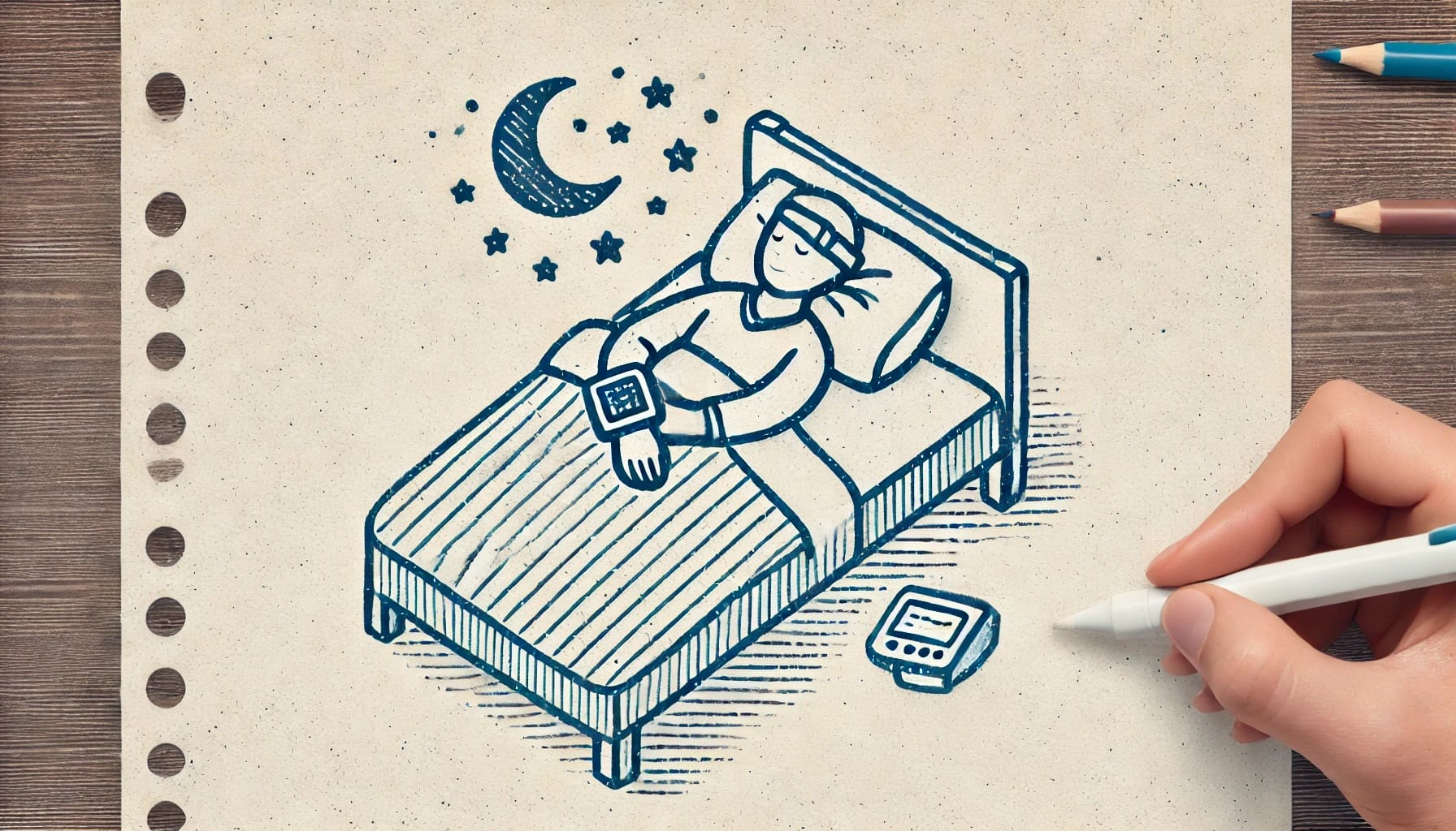 Illustration of a person in bed wearing a sleep mask and wrist device, with the best HRV tools for sleep tracking on the floor. Crescent moon and stars sparkle in the background, setting the scene for nighttime autonomic research.